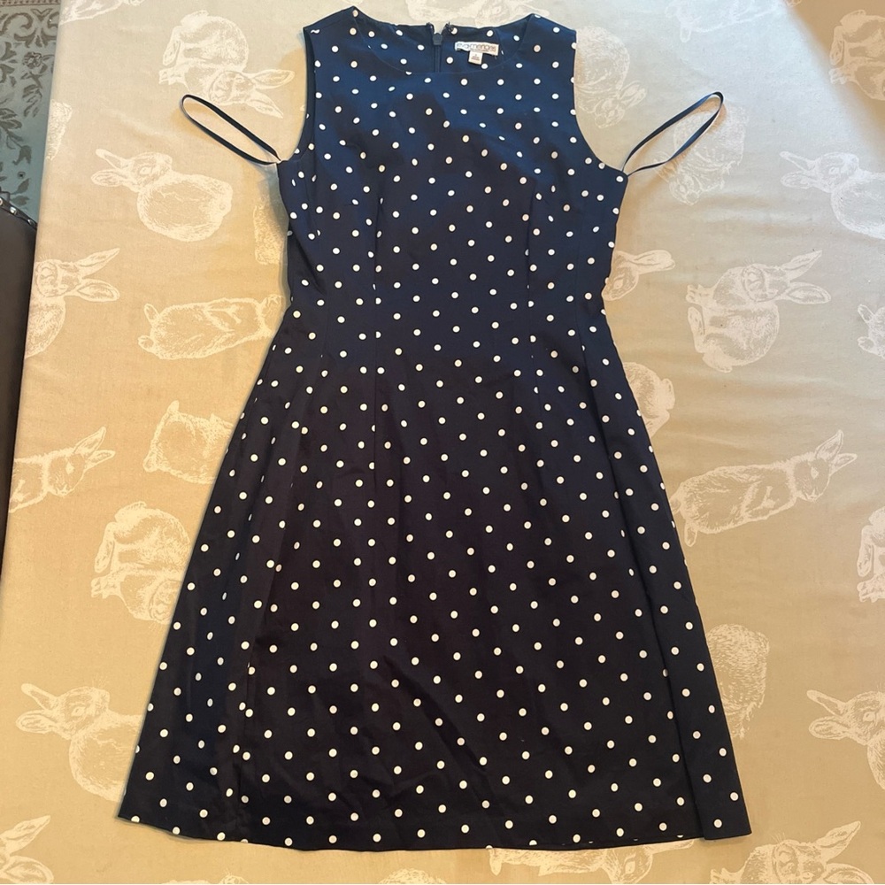 Eva Mendes New York & Company Navy Polka Dot Dress Sz 2 Fit & Flare Retro Style